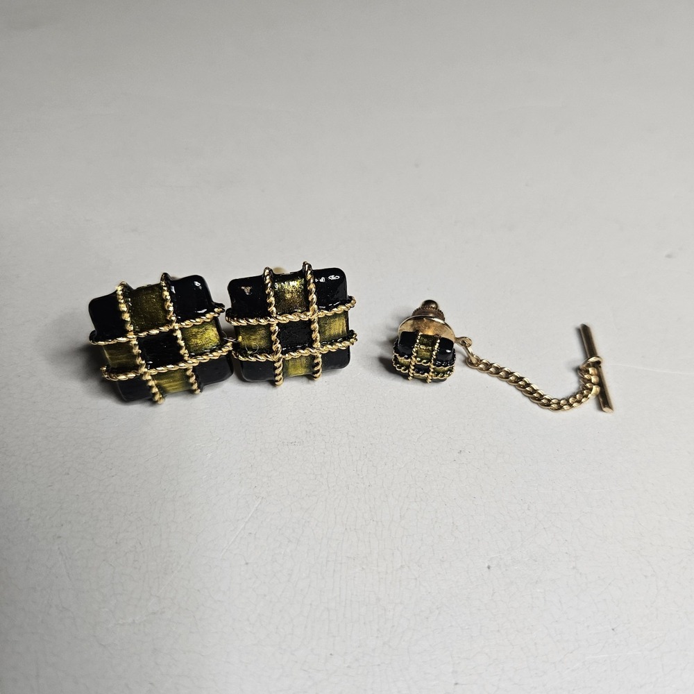 Vintage Cufflinks Tie Tack Lapel Pin Gold Tone 70s